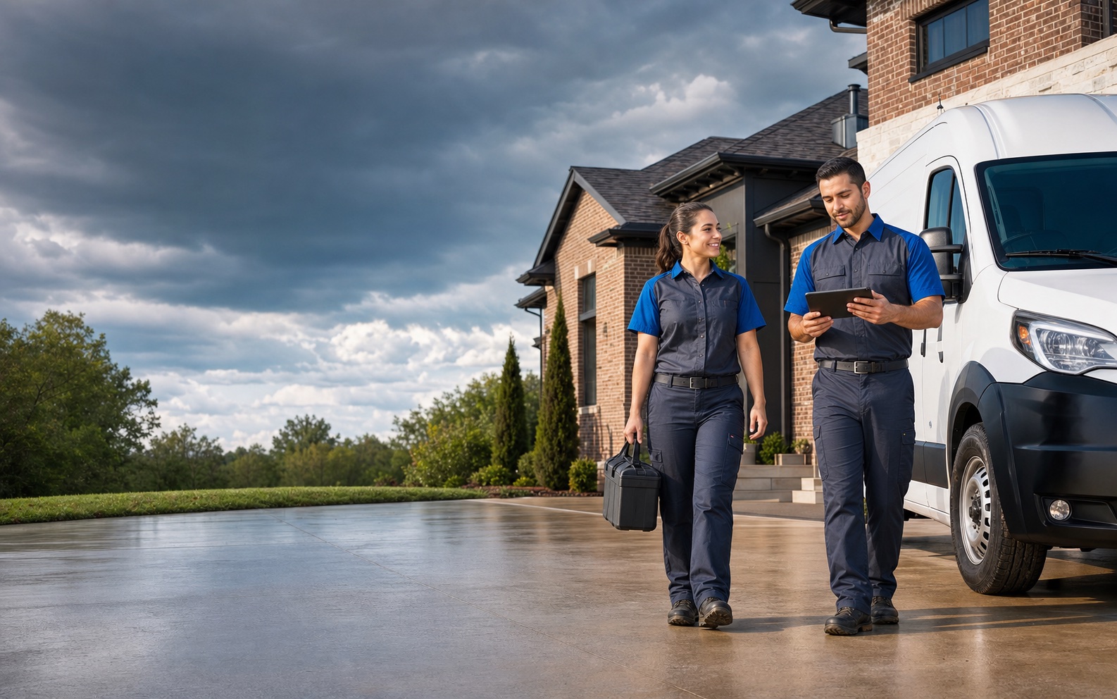 Two professional plumbing technicians arriving at an Edmond home after a storm