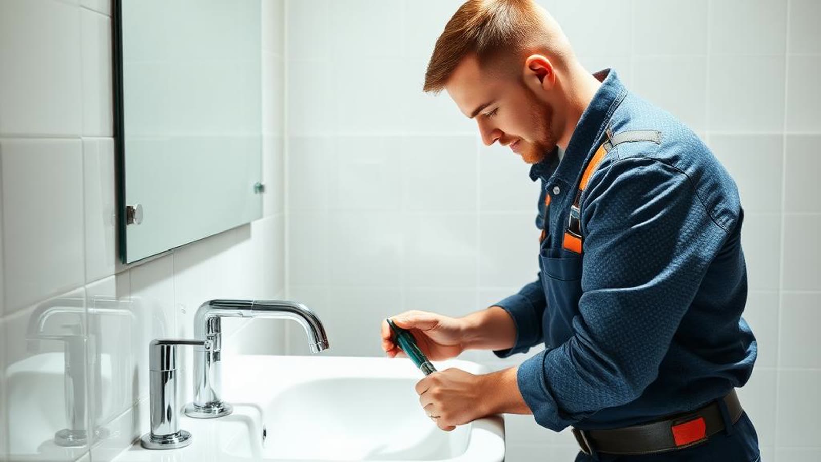 Plumbing technician repairing a bathroom fixture